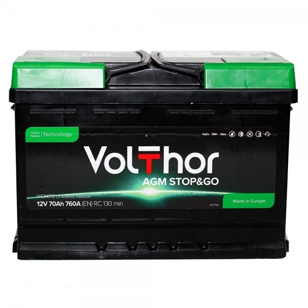 Акумулятор Volthor AGM 70Ah R 760A STOP&GO